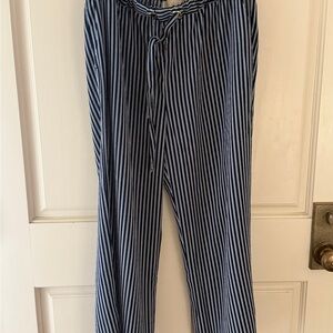 Michael Kors Blue & White Striped Pants with Gold Button Cuff Detail